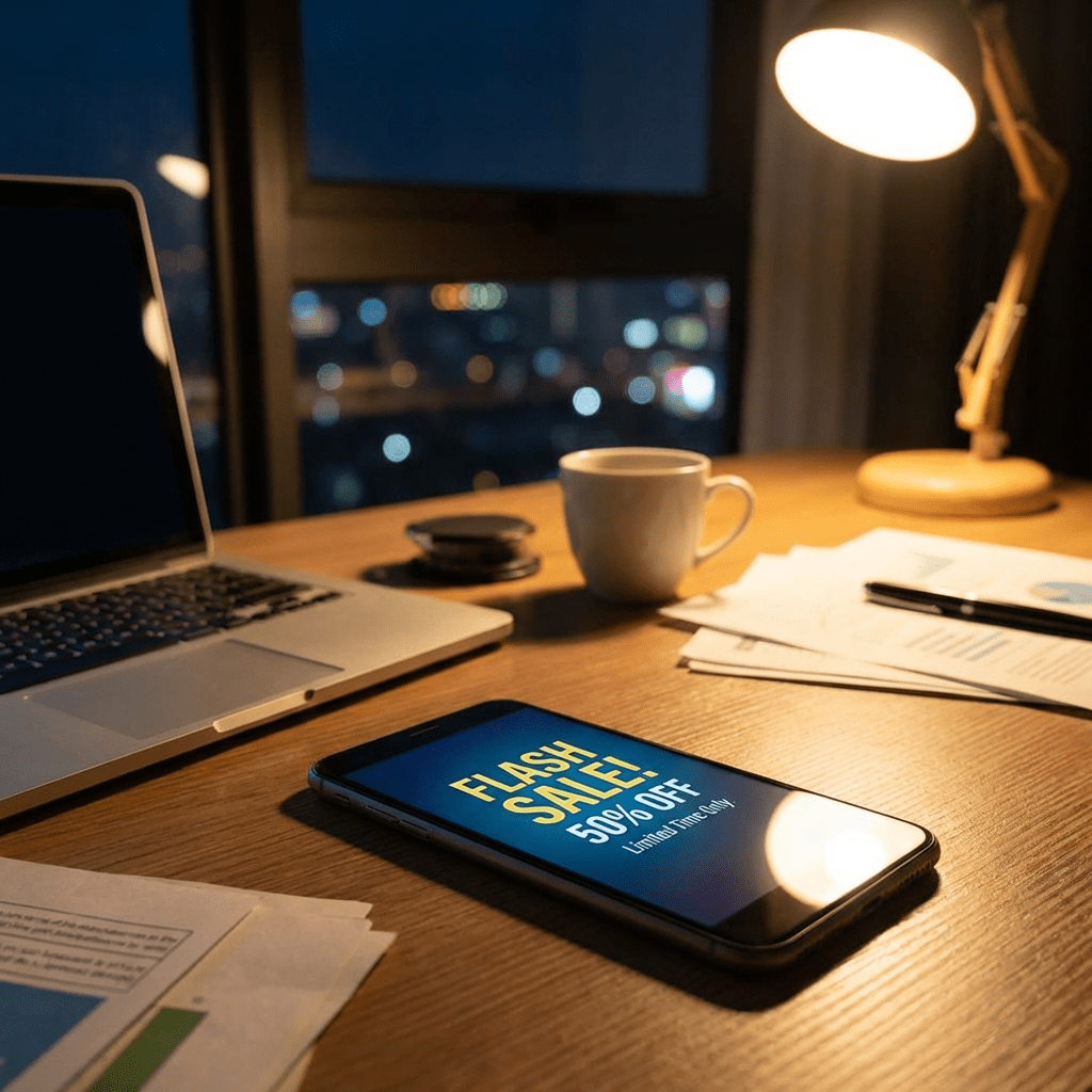 Smartphone on a wooden desk displaying a FLASH SALE! 50% OFF Limited Time Only advertisement.