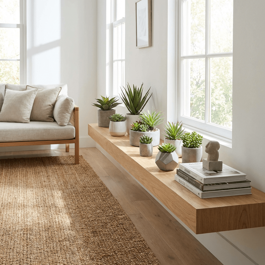 Potted succulents and plants on a floating wooden shelf in a bright living room.
