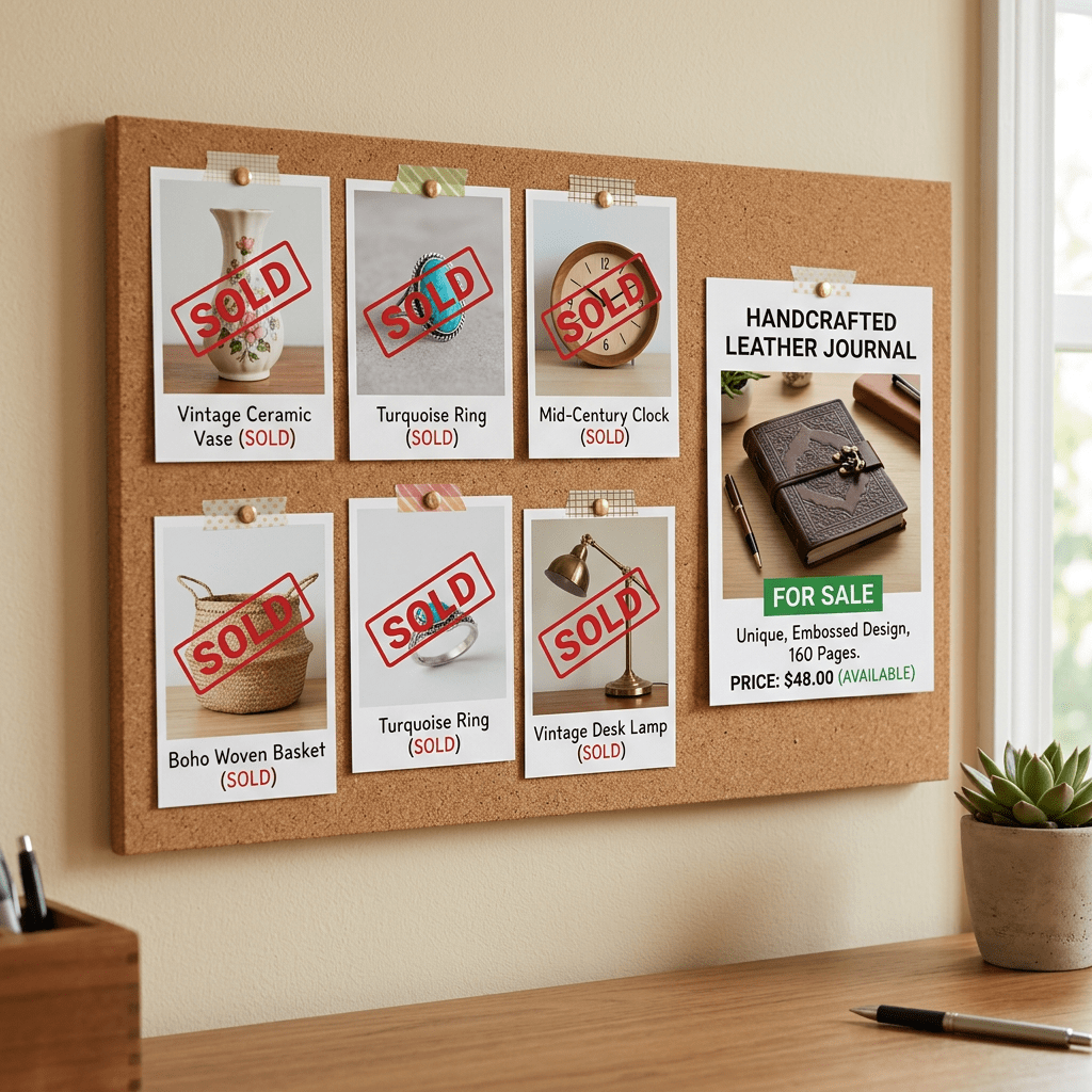 Corkboard with pictures of vintage items marked sold and a handcrafted leather journal for sale