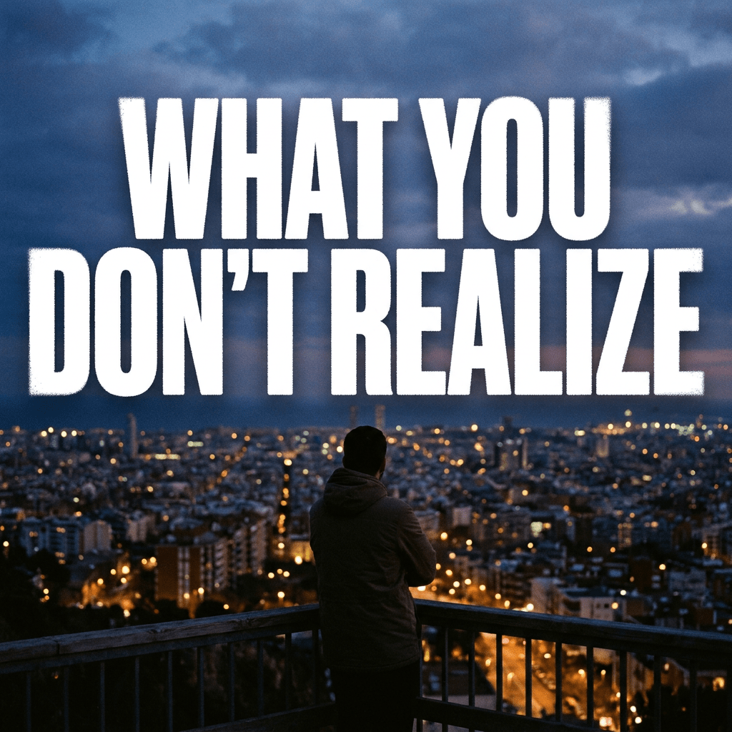 Person looking over illuminated cityscape at night with large text saying 'WHAT YOU DON'T REALIZE'