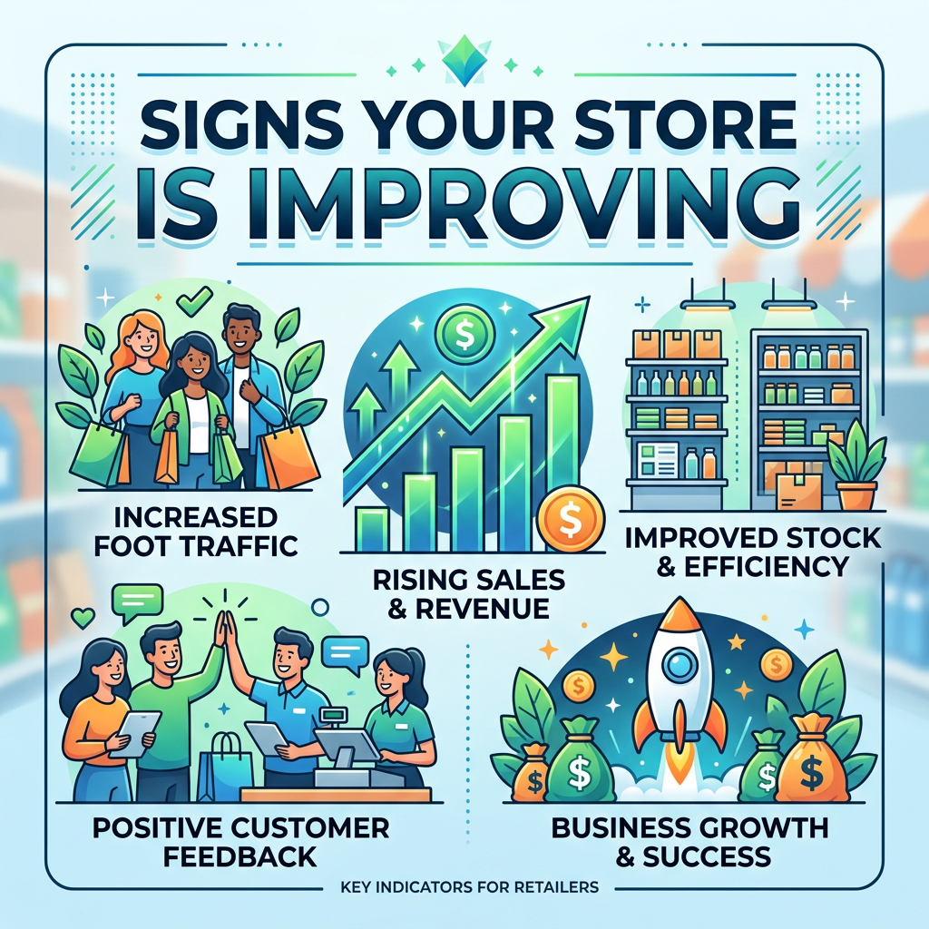 Illustrations showing increased foot traffic, rising sales and revenue, improved stock and efficiency, positive customer feedback, and business growth and success.