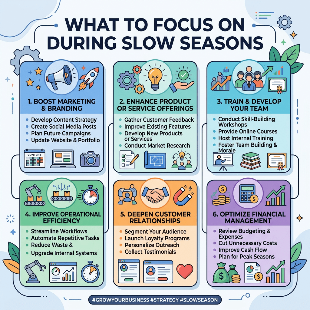 Infographic listing six strategies to focus on during slow business seasons including marketing, product enhancement, team training, operational efficiency, customer relationships, and financial management.