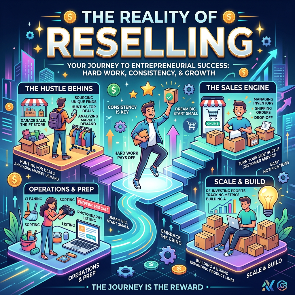 Infographic showing stages of reselling including sourcing, operations, sales, and scaling with motivational phrases.