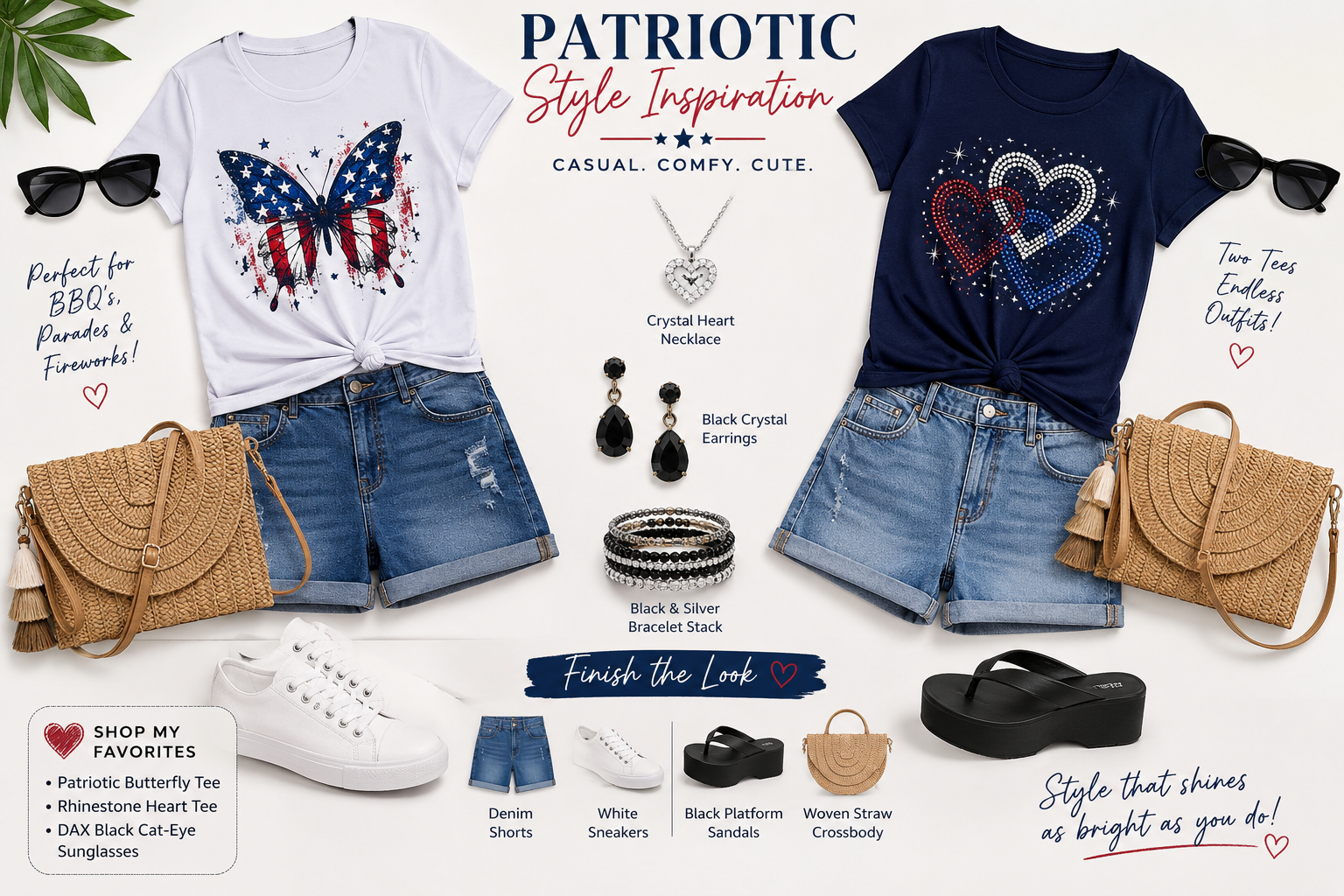 Womenβs XXL 4th of July Style Inspiration | Butterfly Tee and Rhinestone Red White & Blue+ Finish the Look