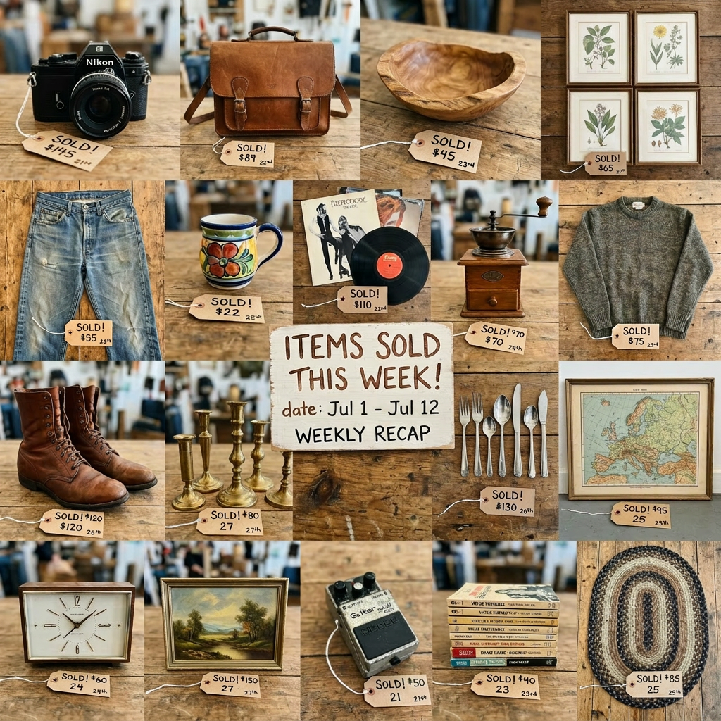 Various vintage items with sold price tags displayed on a wooden surface, labeled with dates and prices